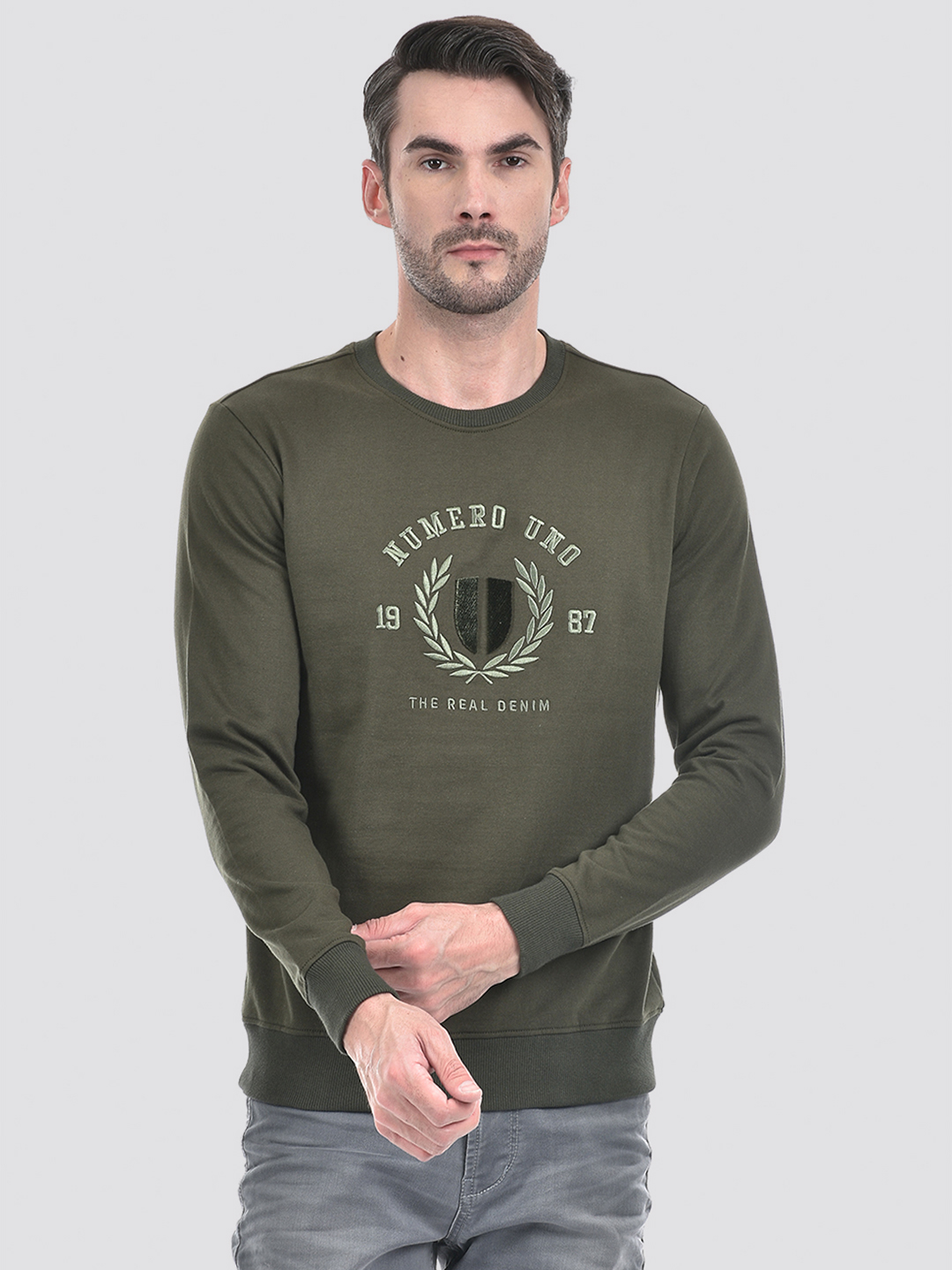 Numero Uno Men Embroidered Green Sweat Shirt
